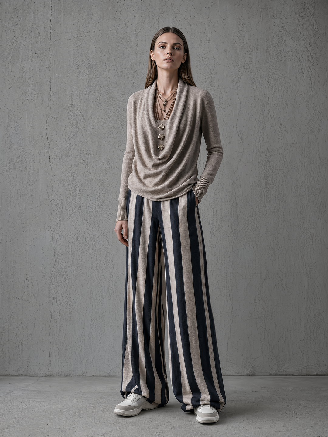 Beige Cowl Neck Knit Top & Navy Stripe Wide-Leg Pants Set