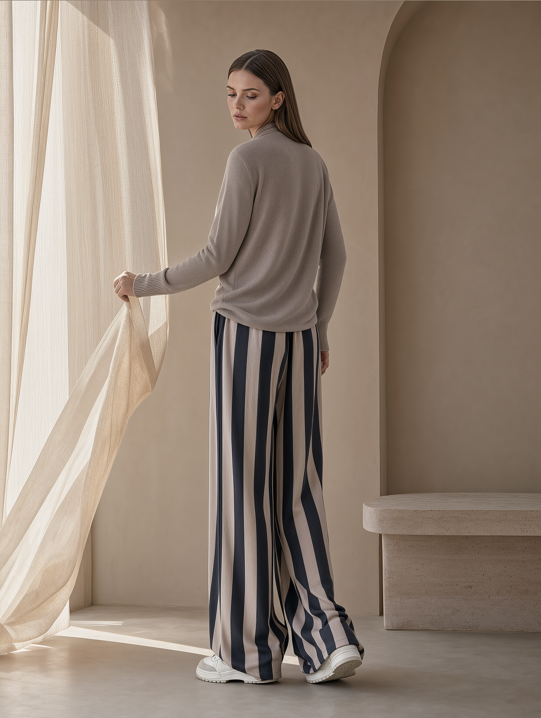 Beige Cowl Neck Knit Top & Navy Stripe Wide-Leg Pants Set
