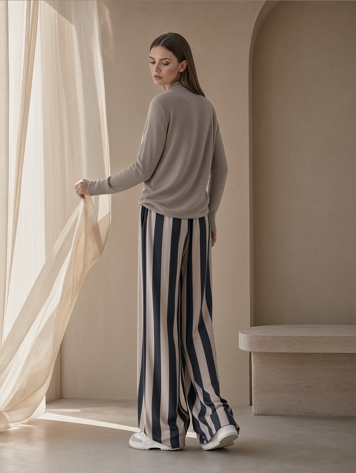 Beige Cowl Neck Knit Top & Navy Stripe Wide-Leg Pants Set