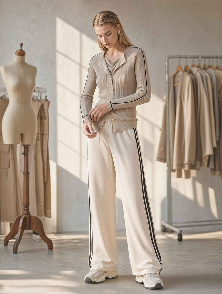Beige Ribbed Contrast-Trim Cardigan & Ivory Side Stripe Pants Set