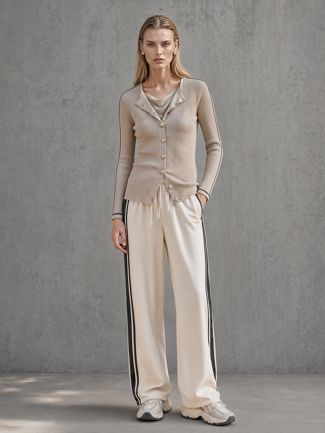 Beige Ribbed Contrast-Trim Cardigan & Ivory Side Stripe Pants Set