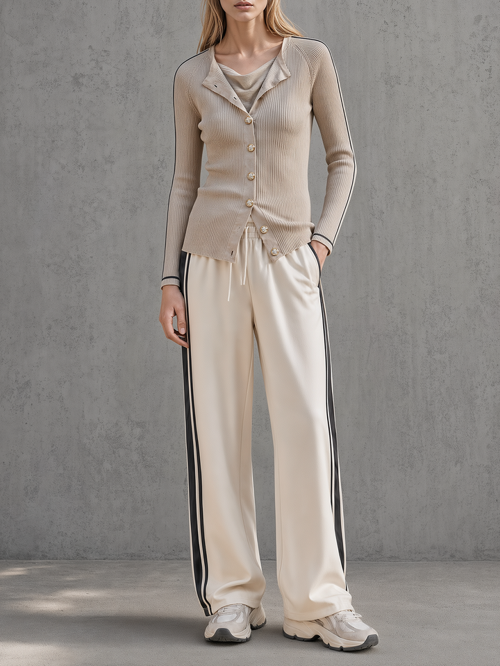 Beige Ribbed Contrast-Trim Cardigan & Ivory Side Stripe Pants Set