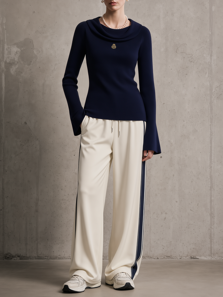 Navy Cowl Neck Knit Top & Cream Side Stripe Wide-Leg Pants Set