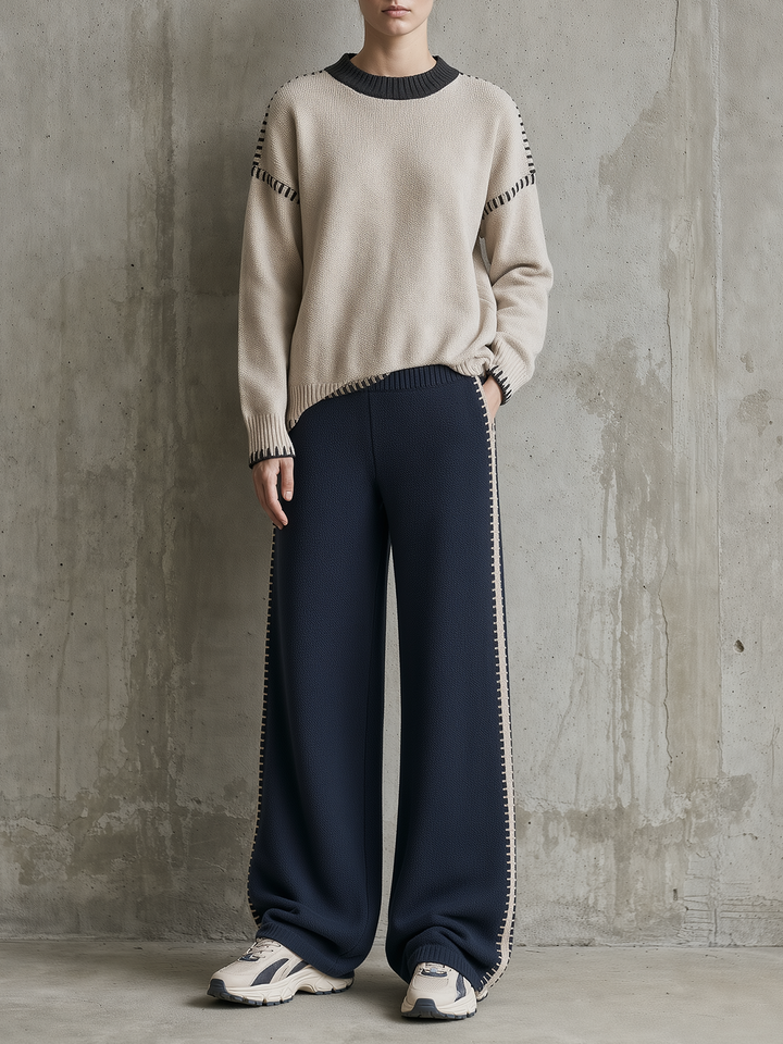 Beige Contrast-Stitch Oversized Sweater & Navy Wide-Leg Pants Set