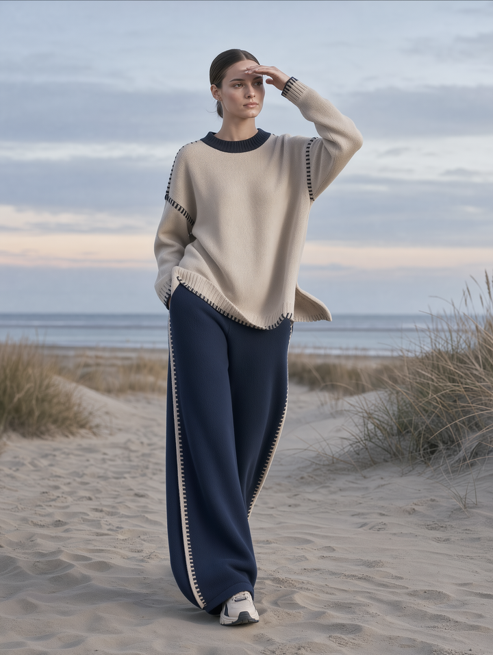 Beige Contrast-Stitch Oversized Sweater & Navy Wide-Leg Pants Set