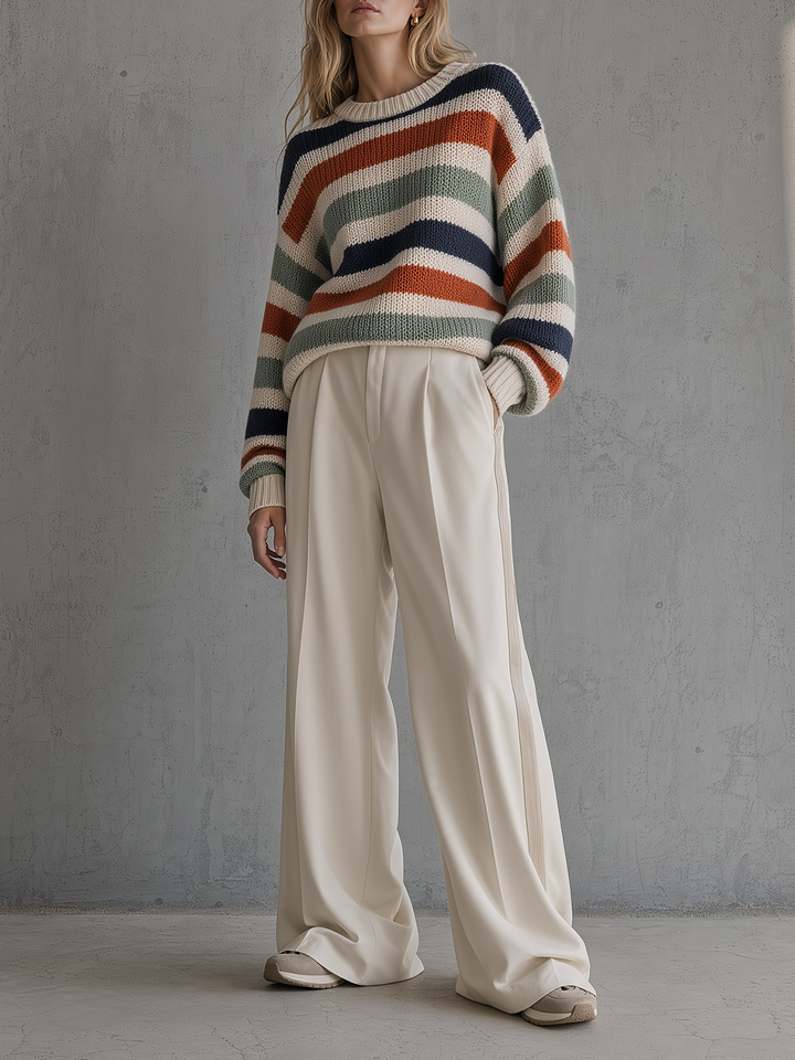 Retro Multicolor Stripe Chunky Sweater & Cream Wide-Leg Trousers Set