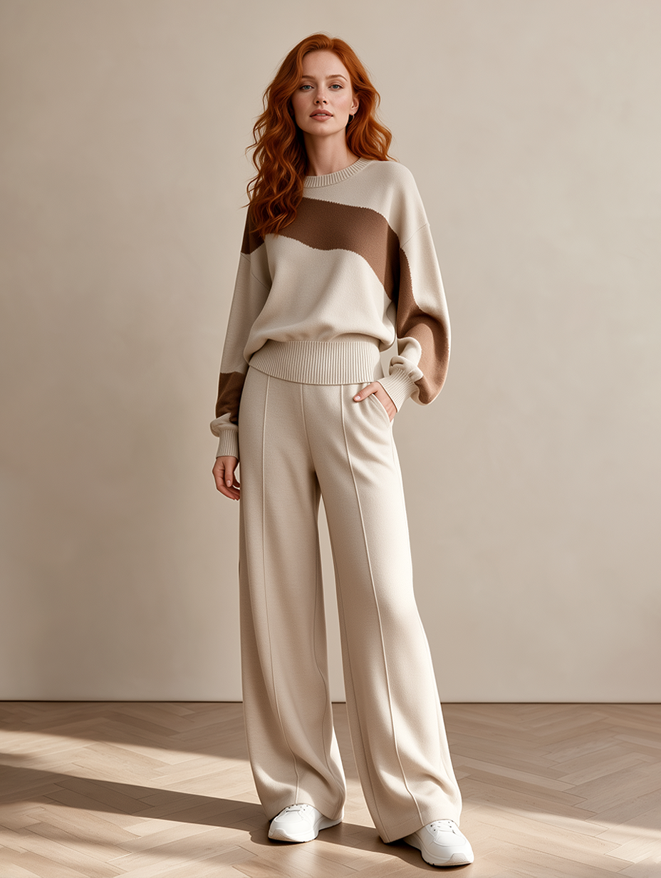 Women's Color Block Knit Sweater & Wide Leg Pants Two-Piece Set