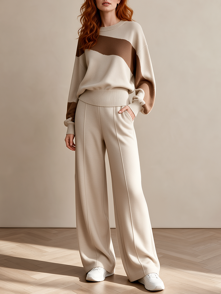 Women's Color Block Knit Sweater & Wide Leg Pants Two-Piece Set
