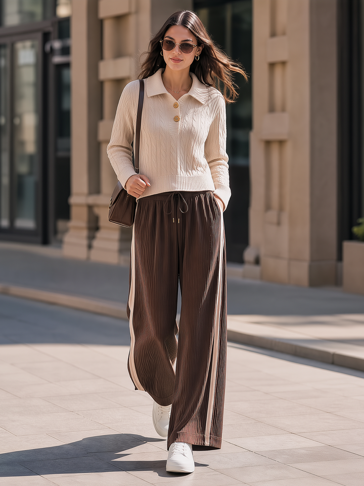 Oatmeal Cable-knit Turtleneck Top And Brown Corduroy Wide-leg Trousers Set