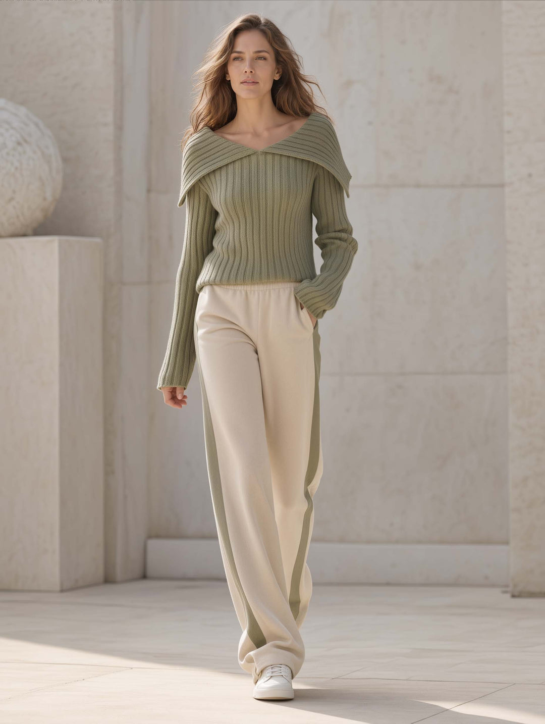 Stylish Casual Khaki-Green Long-Sleeve Sweater And Color-Block Trousers Set