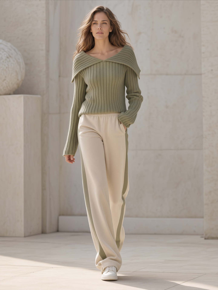 Stylish Casual Khaki-Green Long-Sleeve Sweater And Color-Block Trousers Set