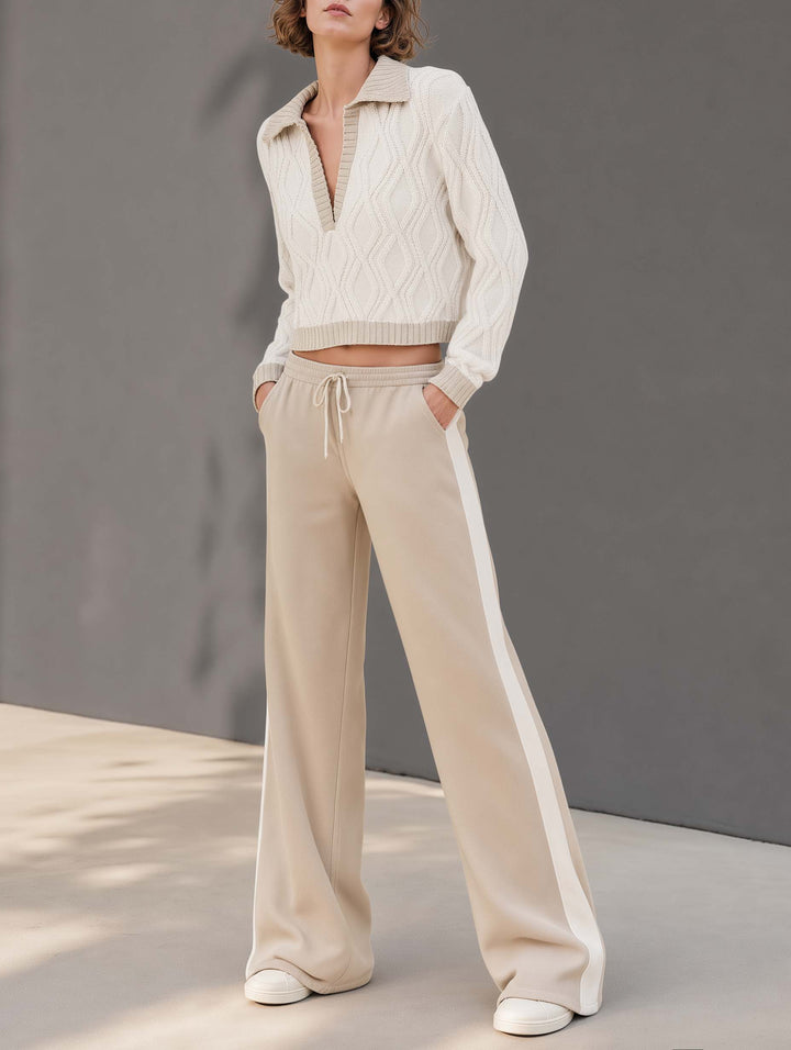 White Color-block V-neck Long-sleeve Sweater And Khaki Wide-leg Trousers Set