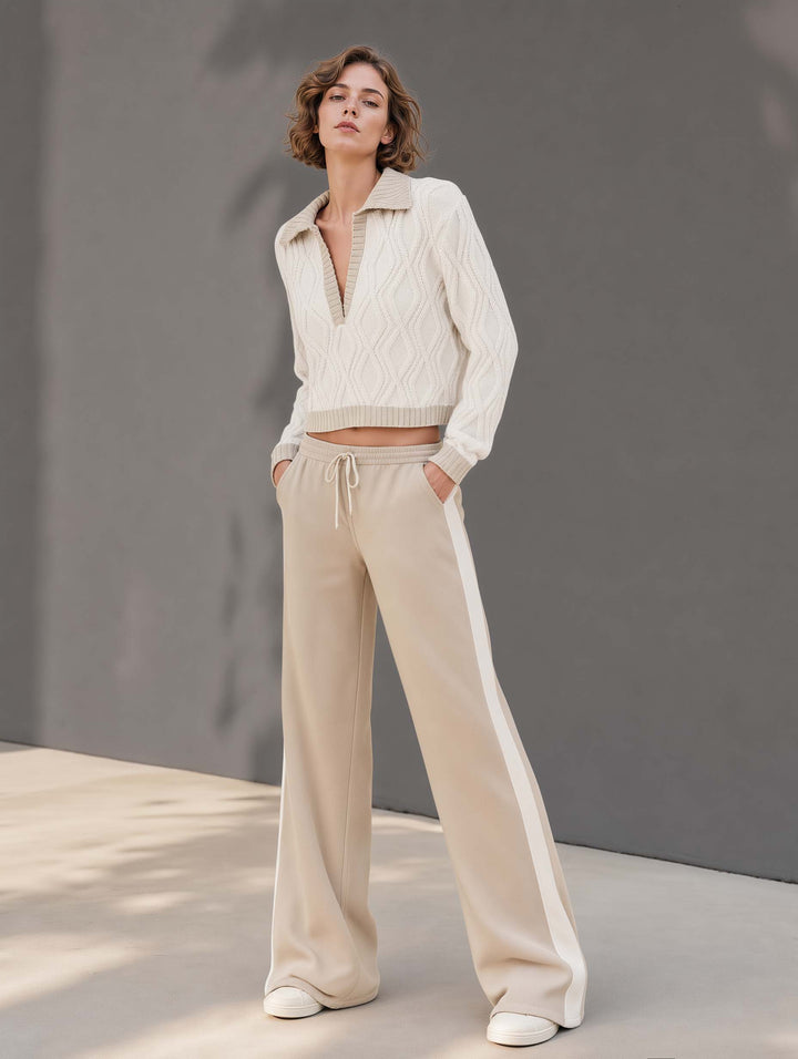 White Color-block V-neck Long-sleeve Sweater And Khaki Wide-leg Trousers Set