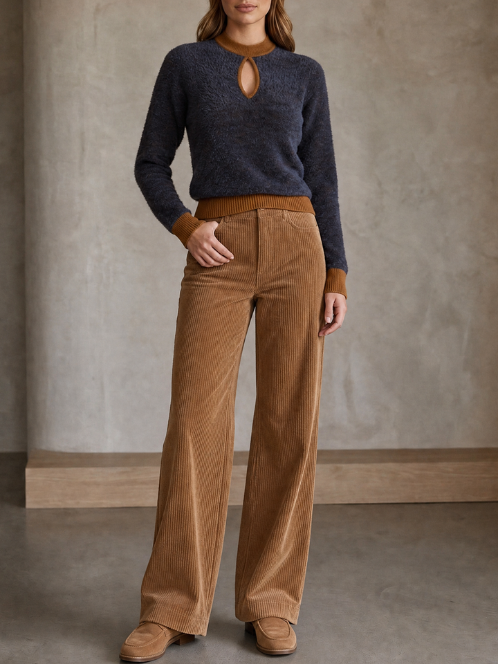 Cut-out Fuzzy Knit Sweater And Corduroy Pants Set