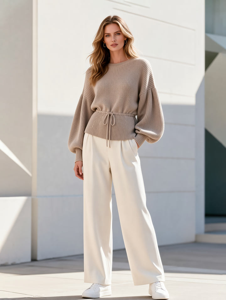 Light Khaki Lantern-Sleeve Drawstring-Waist Sweater