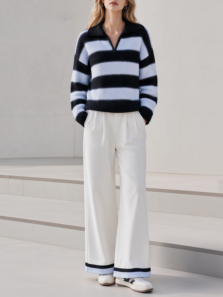 Navy And Light Blue Color-block Striped Collared Sweater Paired With Off-white Wide-leg Trousers