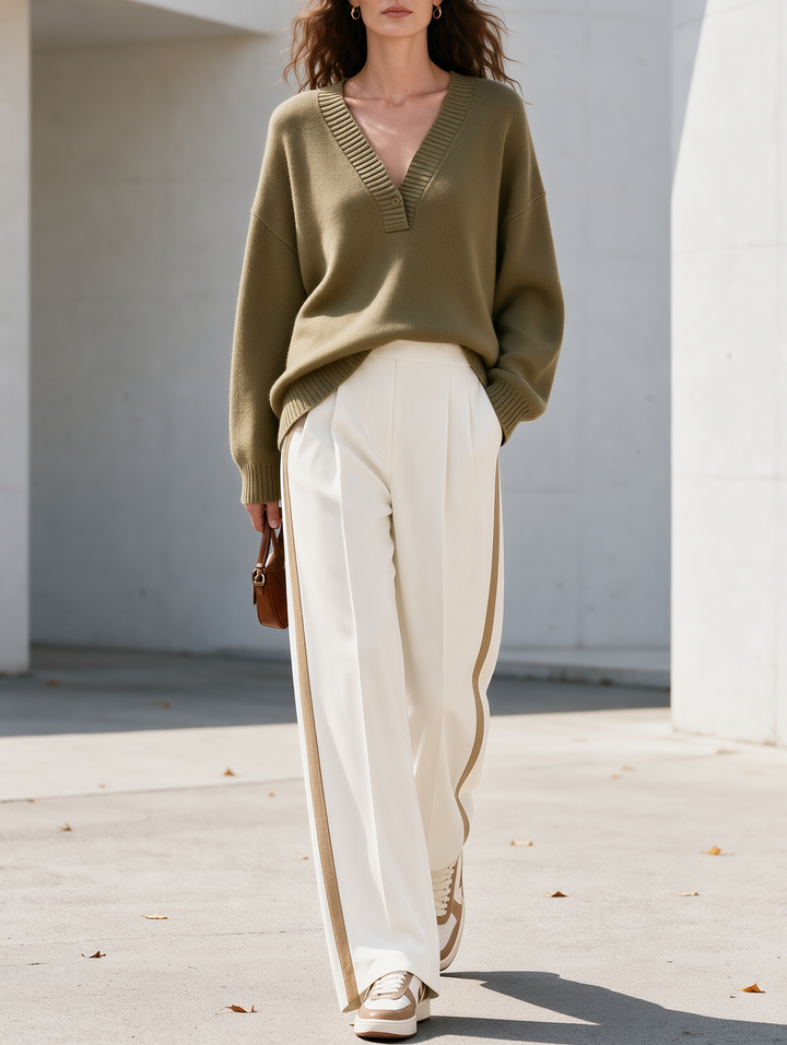 Olive Green V-neck Knit Sweater And Wide-leg Tailored Trousers Set