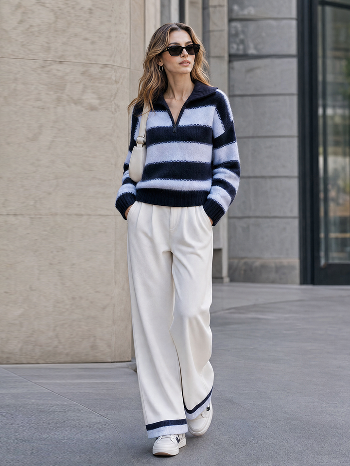 Navy And Light Blue Color-block Striped Collared Sweater Paired With Off-white Wide-leg Trousers