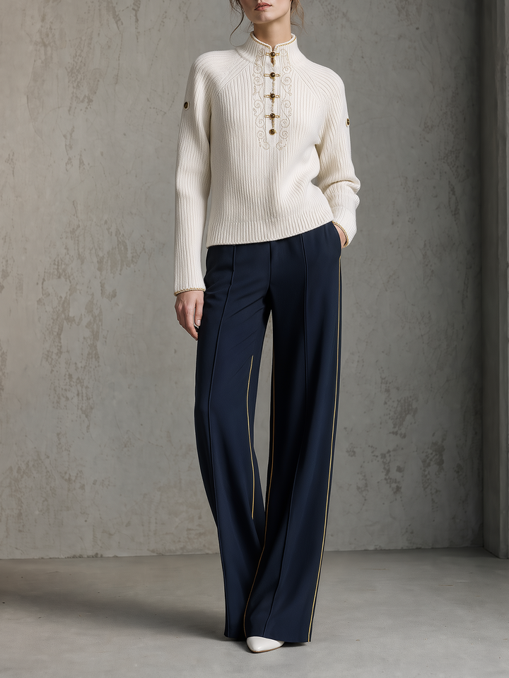 Ivory Frog-Button Knit Sweater & Navy Wide-Leg Trousers Set