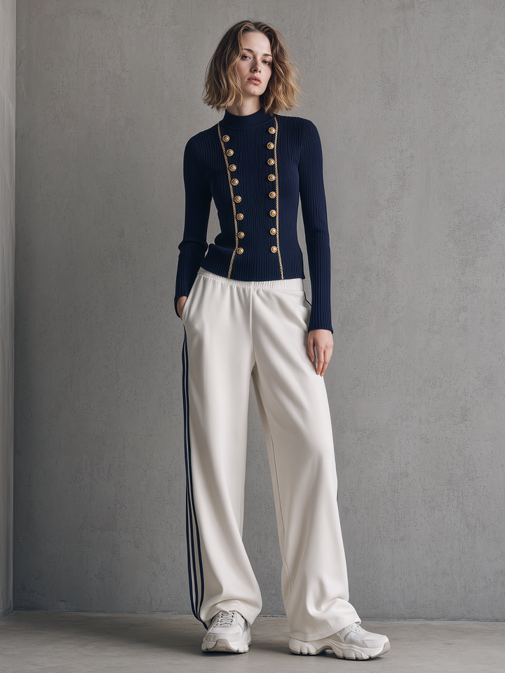 Navy Gold-Button Ribbed Knit Top & Ivory Side-Stripe Wide-Leg Pants Set