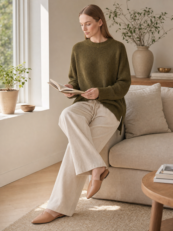 Olive Green Knitted Side-slit Sweater And Wide-leg Trousers Set