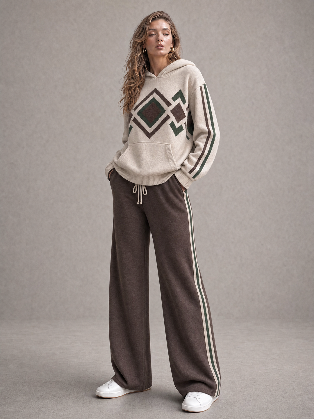 Oatmeal Aztec Knit Hoodie And Side-Stripe Wide-Leg Pants Set