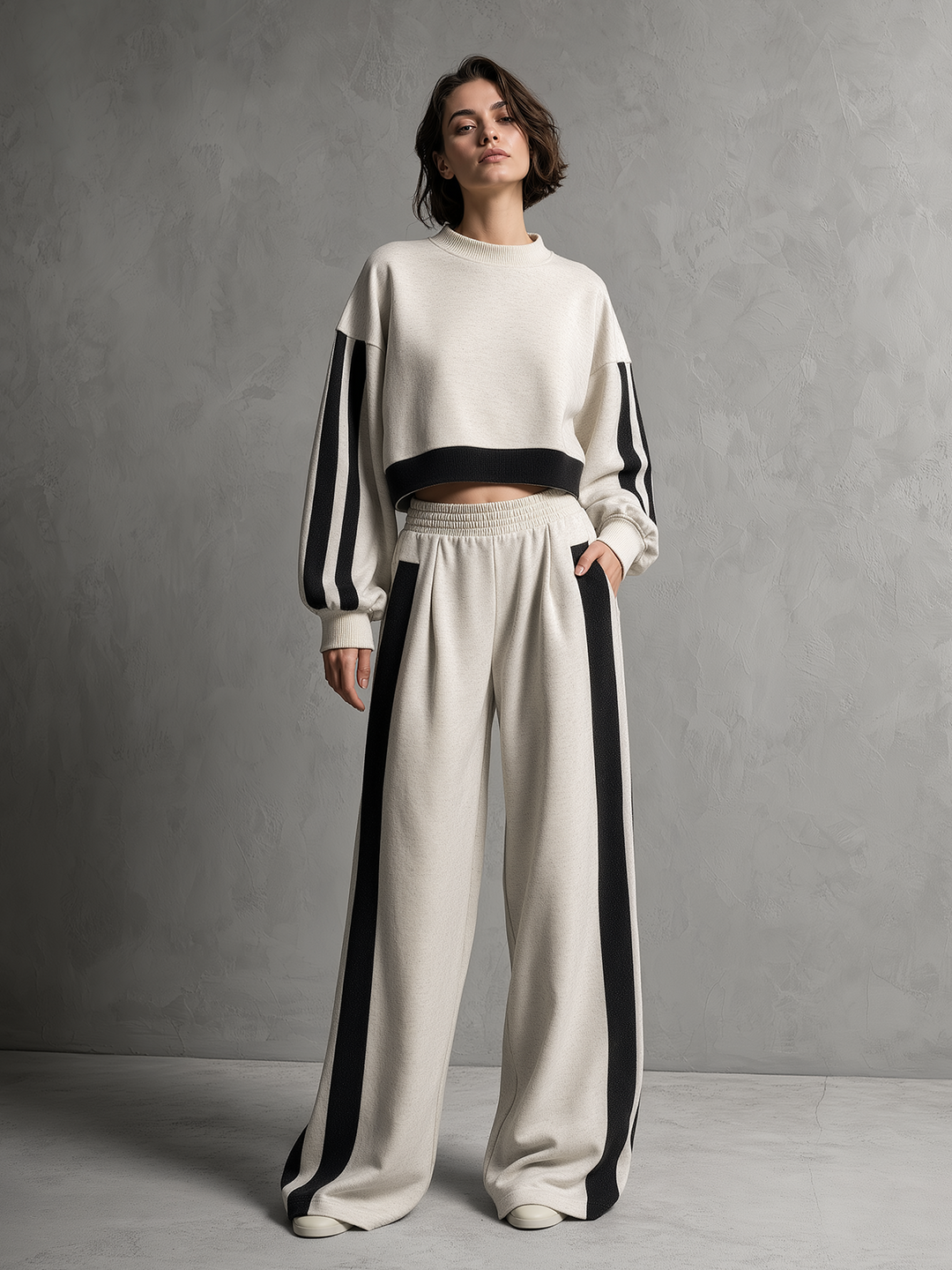 Ecru & Black Cropped Sweatshirt And Wide-Leg Pants Set