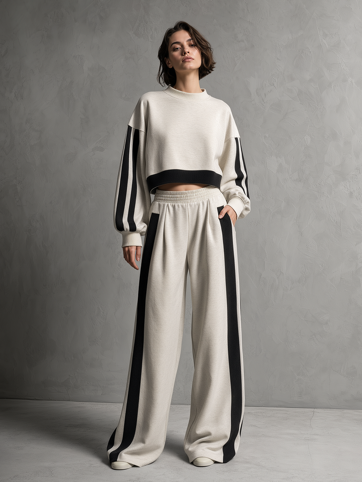 Ecru & Black Cropped Sweatshirt And Wide-Leg Pants Set