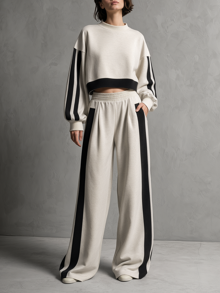 Ecru & Black Cropped Sweatshirt And Wide-Leg Pants Set