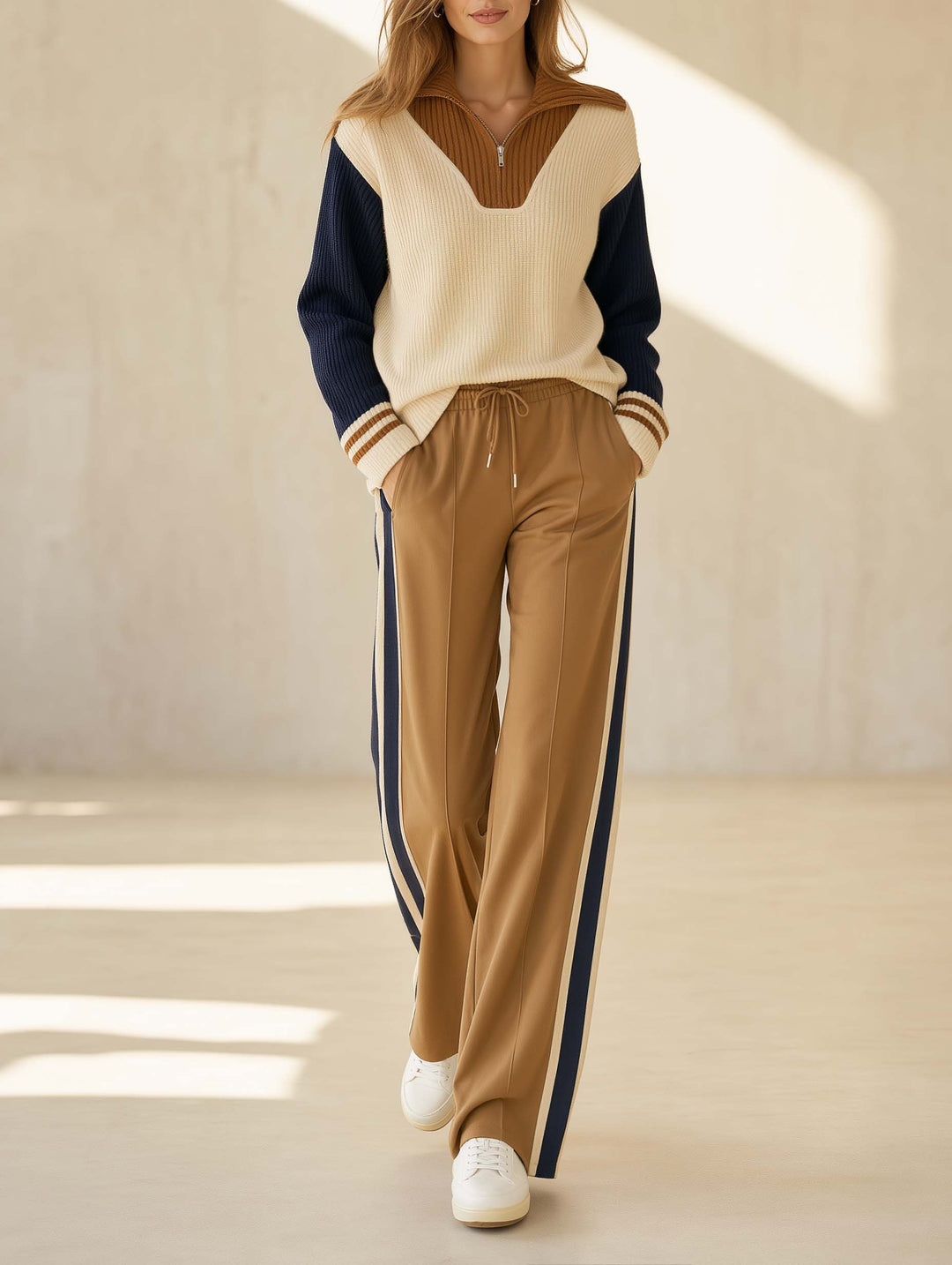 Beige Color-block Long-sleeve Half-zip Sweater And Khaki Trousers Set