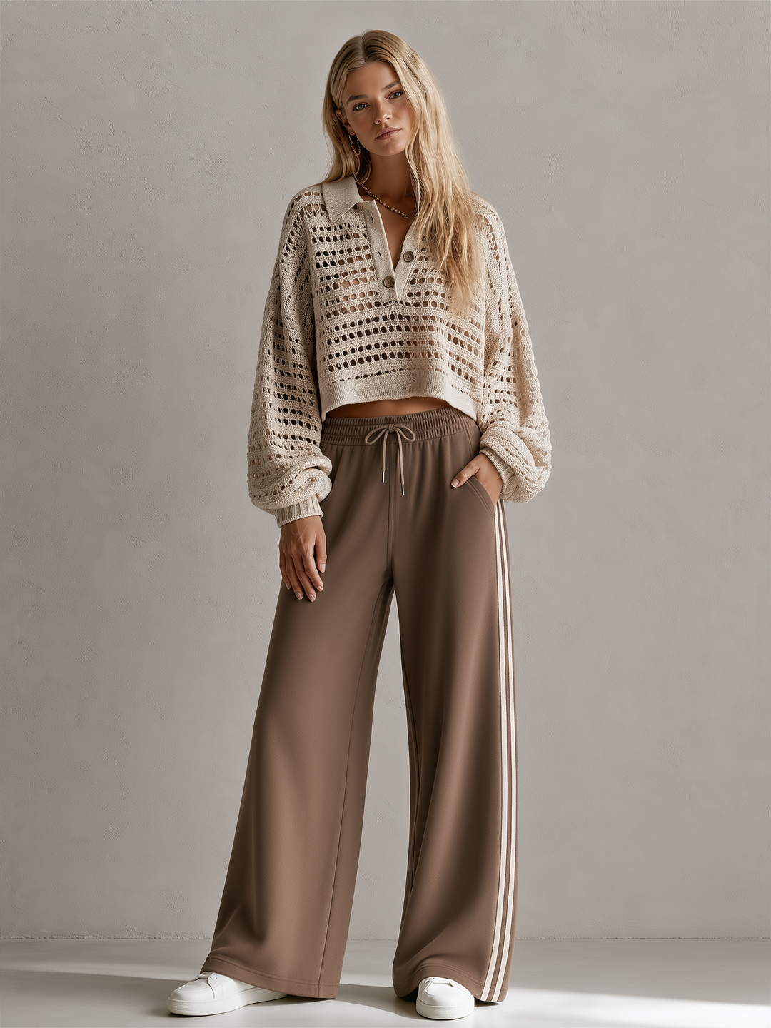 Oatmeal-colored Open-knit Polo-collar Sweater And Brown Color-block Trousers Set