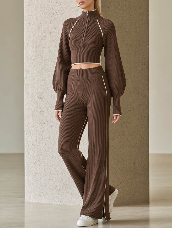Brown Half-zip Puff-sleeve Sweater And Matching Pants Set