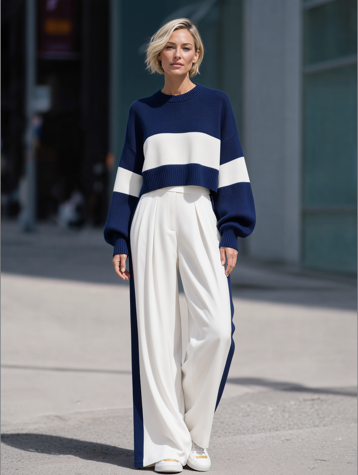 Navy Blue Knitted Sweater And Wide-leg Tailored Trousers Set