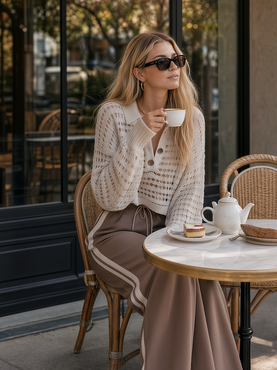 Oatmeal-colored Open-knit Polo-collar Sweater And Brown Color-block Trousers Set