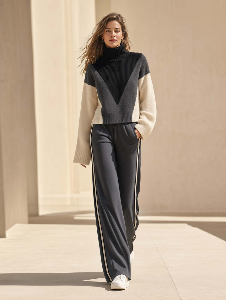Dark Grey Color-block High-neck Long-sleeve Sweater And Trousers Set