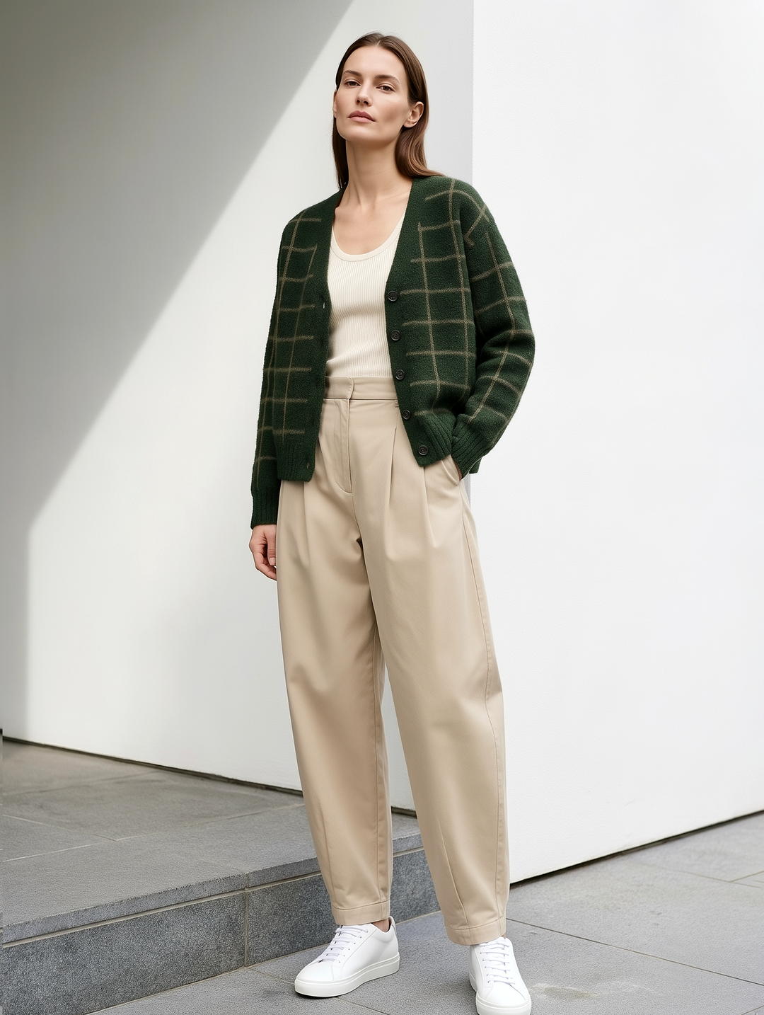 Dark Green Plaid Knit Cardigan And Khaki Casual Trousers Set