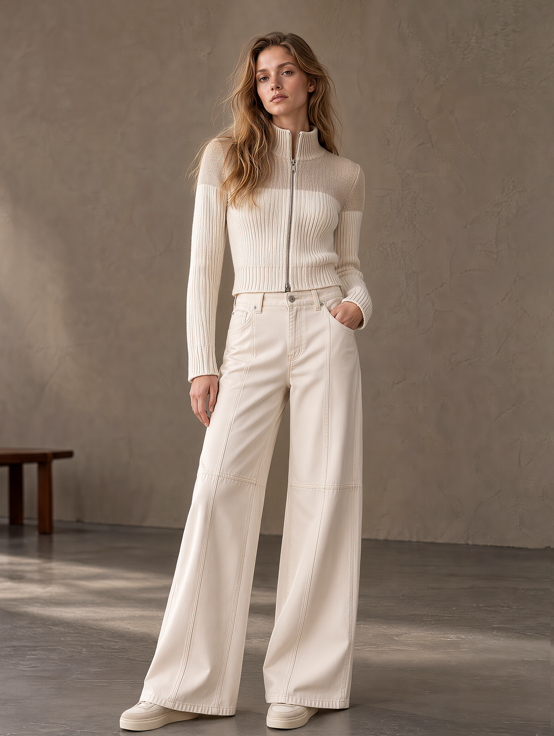 Off-white Half-zip Knit Cardigan And Wide-leg Jeans Set