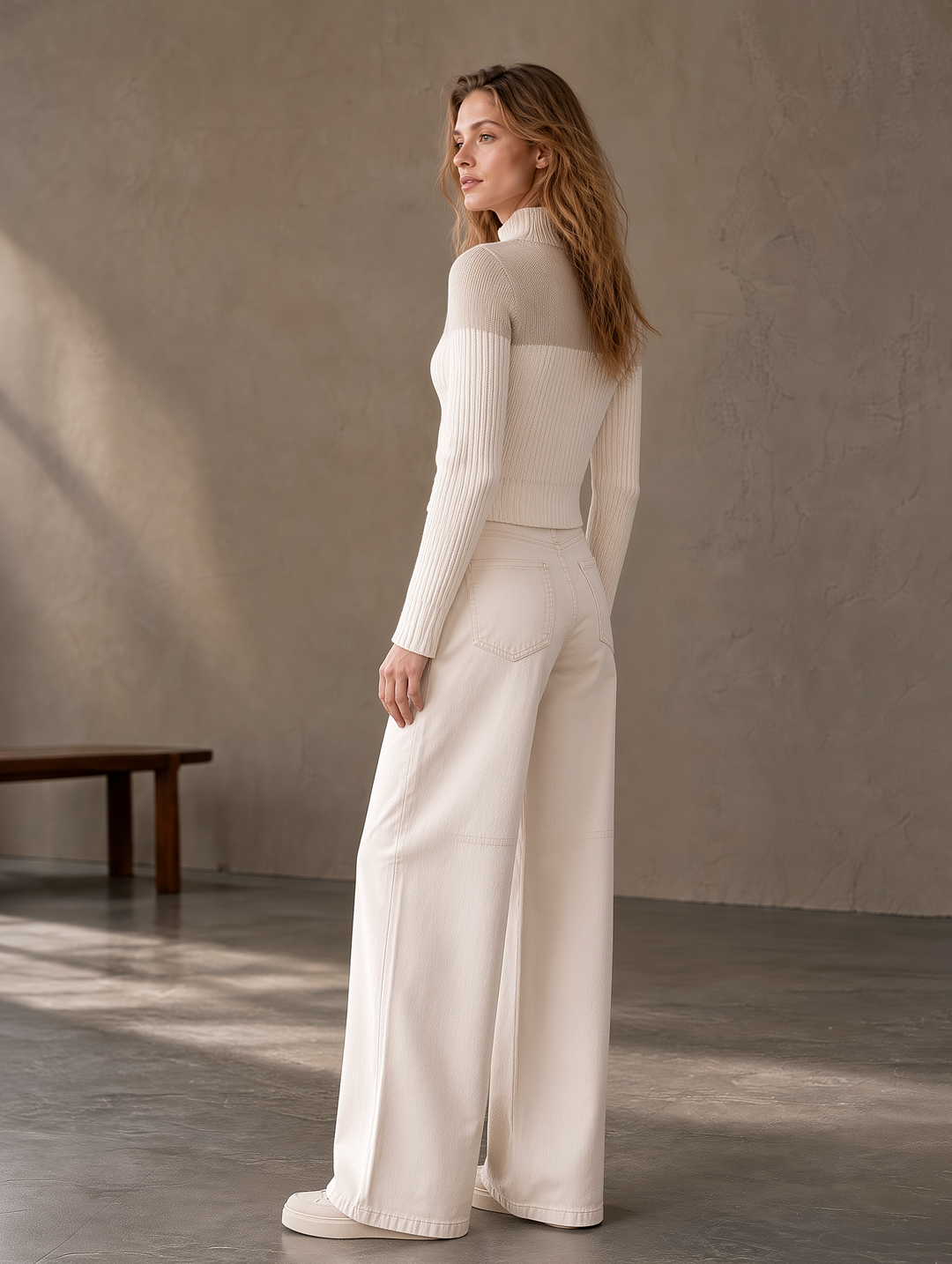Off-white Half-zip Knit Cardigan And Wide-leg Jeans Set
