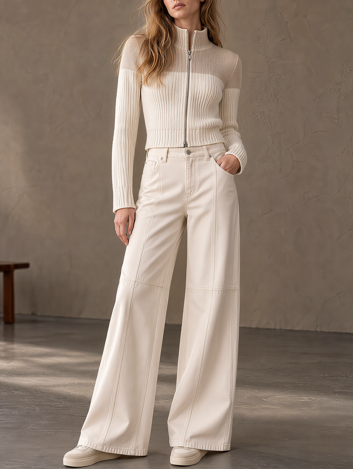 Off-white Half-zip Knit Cardigan And Wide-leg Jeans Set