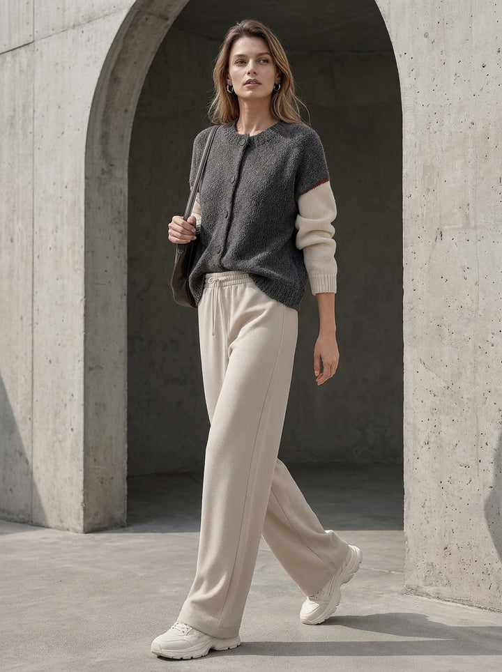 Charcoal Color-Block Bouclé Cardigan & Wide-Leg Pants Set