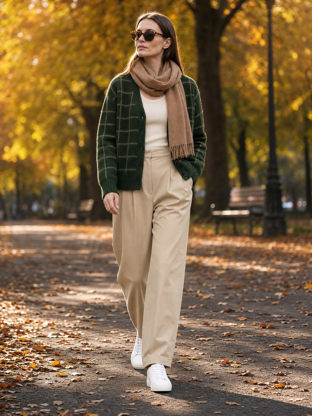 Dark Green Plaid Knit Cardigan And Khaki Casual Trousers Set