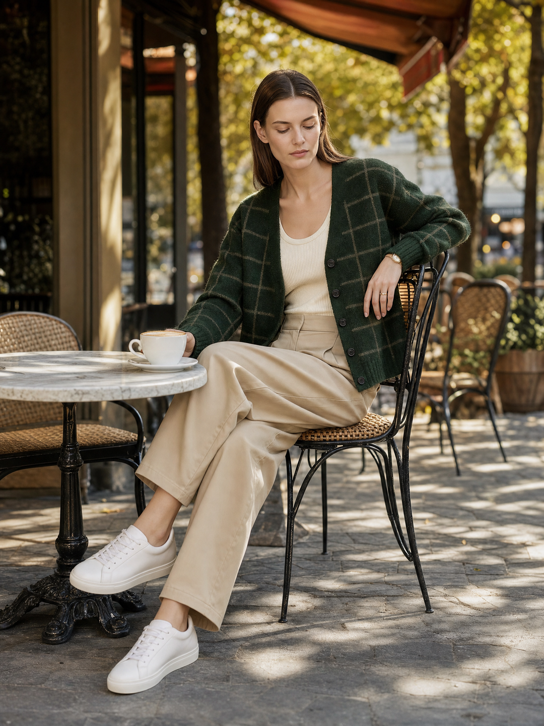 Dark Green Plaid Knit Cardigan And Khaki Casual Trousers Set