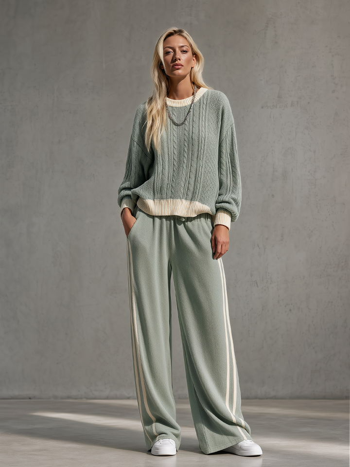 Sage Green Cable-Knit Sweater & Side-Stripe Wide-Leg Pants Set
