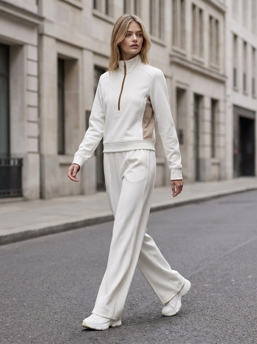 Off-White & Camel Color-Block Half-Zip Top & Wide-Leg Pants Set