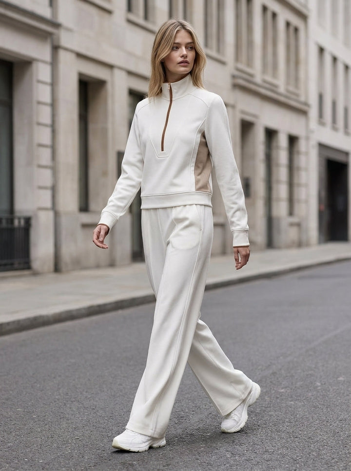 Off-White & Camel Color-Block Half-Zip Top & Wide-Leg Pants Set