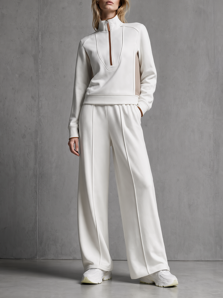 Off-White & Camel Color-Block Half-Zip Top & Wide-Leg Pants Set