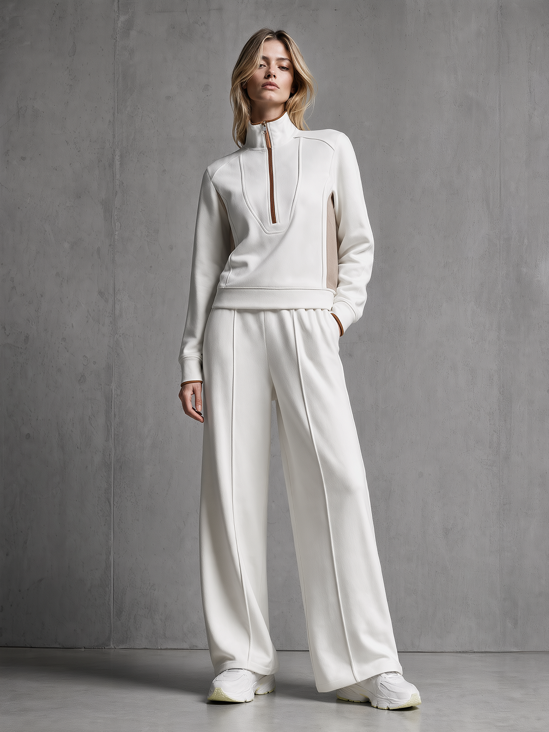 Off-White & Camel Color-Block Half-Zip Top & Wide-Leg Pants Set