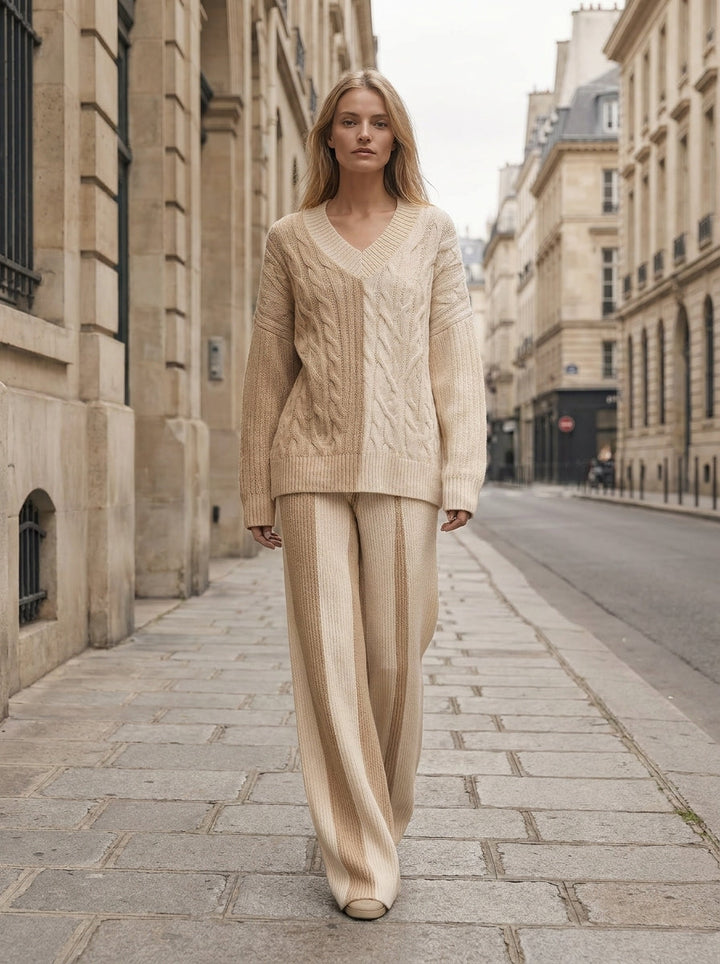 Cream Color-Block V-Neck Cable Knit Sweater & Wide-Leg Pants Set