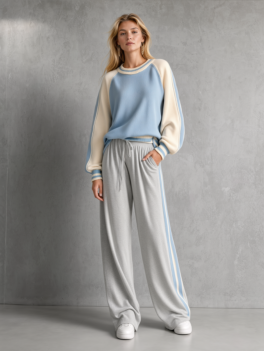 Powder Blue Color-Block Raglan Knit Top & Grey Wide-Leg Pants Set
