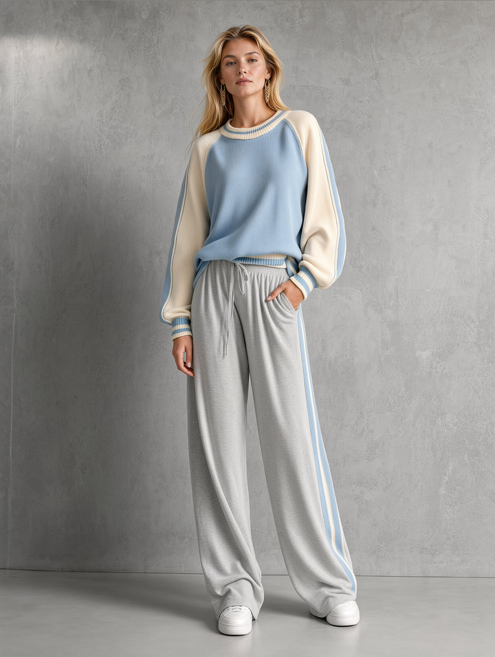 Powder Blue Color-Block Raglan Knit Top & Grey Wide-Leg Pants Set